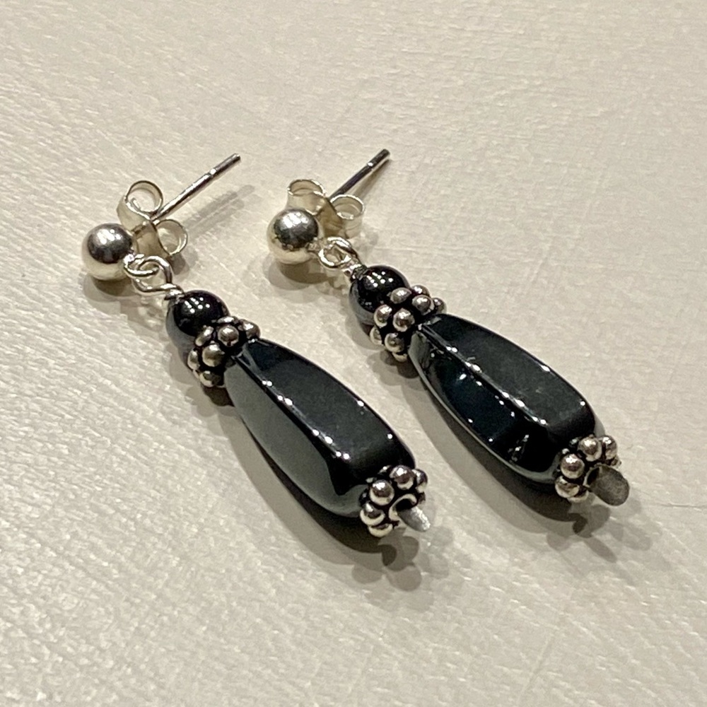 Handcrafted Hematite and Sterling Silver Drop Earrings